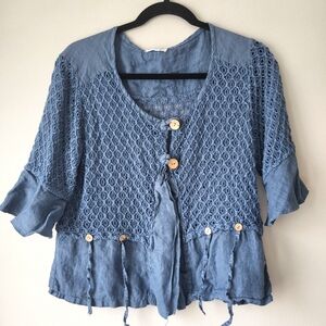 Boho blue linen open knit flowy 3/4 sleeve Fairy Boho Casual Blouse